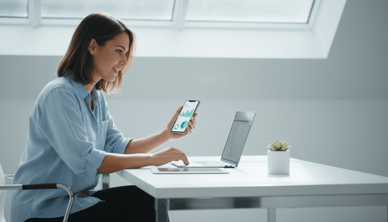 Entrepreneur reviewing real-time payment reports on mobile device