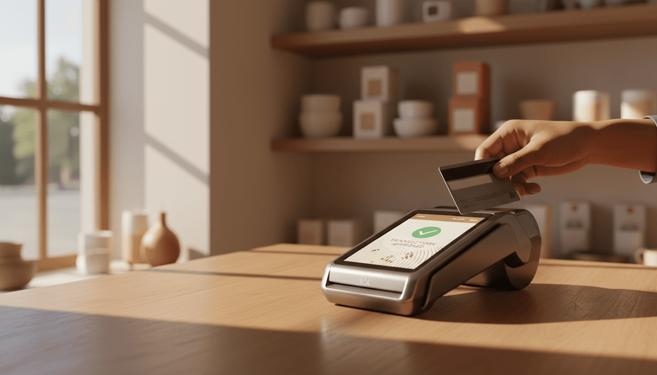Small business owner processing a card payment at a modern terminal