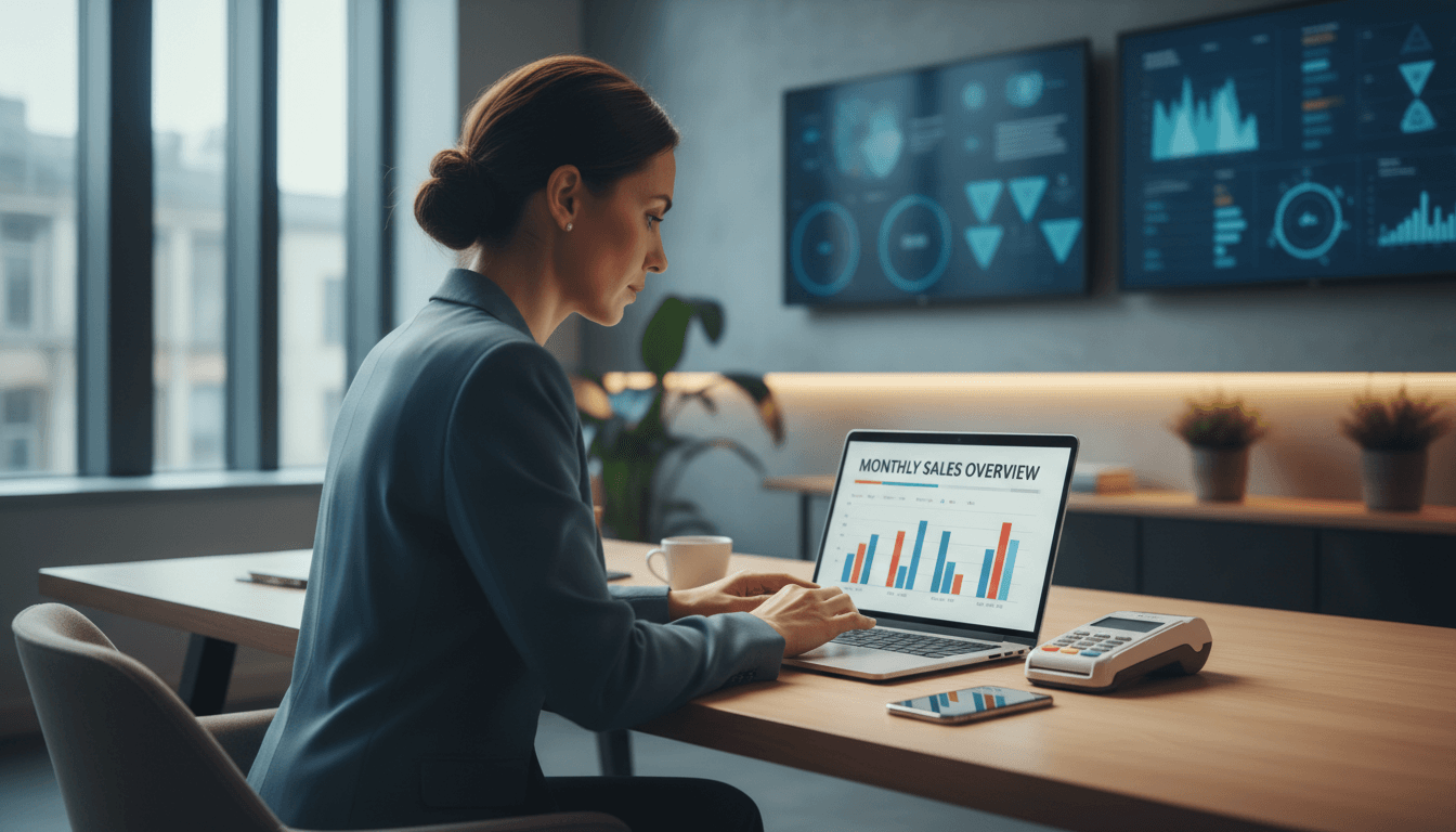 Small business owner reviewing payment reports on laptop