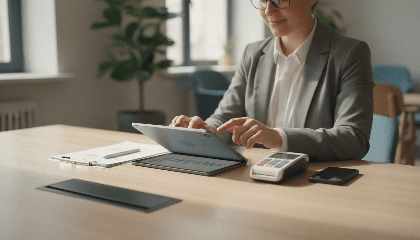 Business owner reviewing real-time payment reports on tablet with Âncora Pay terminal